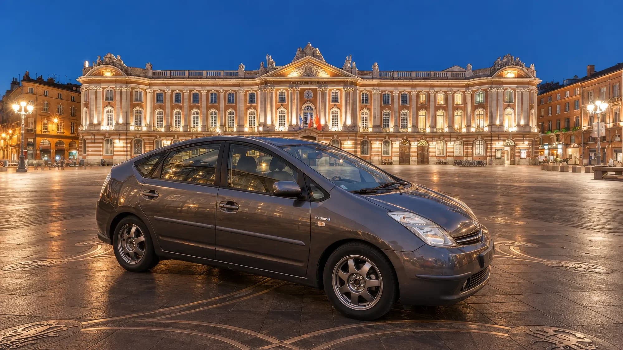 La Toyota Prius du chauffeur sur la place du Capitole, à Toulouse
